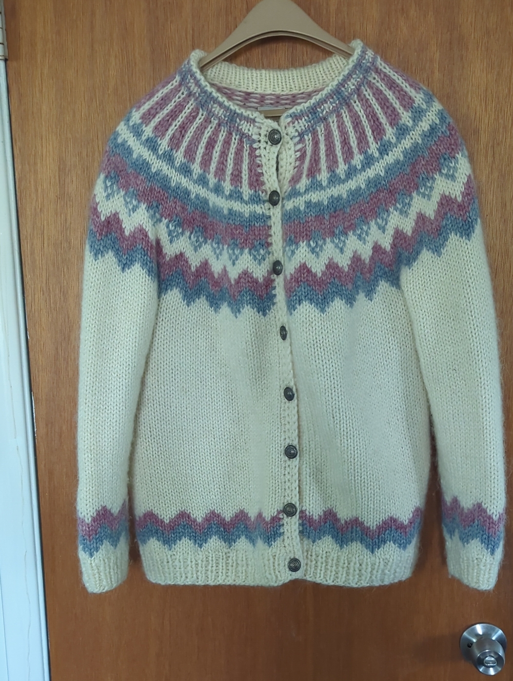 Cream Fair Isle Button-Front Cardigan with Pink and Blue Accents